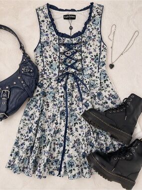 🌿🩵Scarlet Darkness Blue Floral Corset Lace-Up Dress NWT